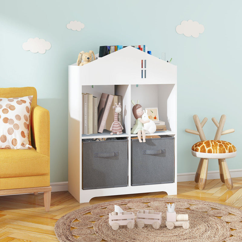 Kids Dollhouse Bookcase with Storage, 2-Tier Storage Display Organizer with 2 Collapsible Fabric Drawers