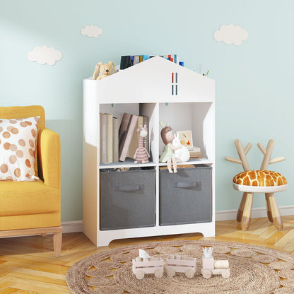 Kids Dollhouse Bookcase with Storage, 2-Tier Storage Display Organizer with 2 Collapsible Fabric Drawers