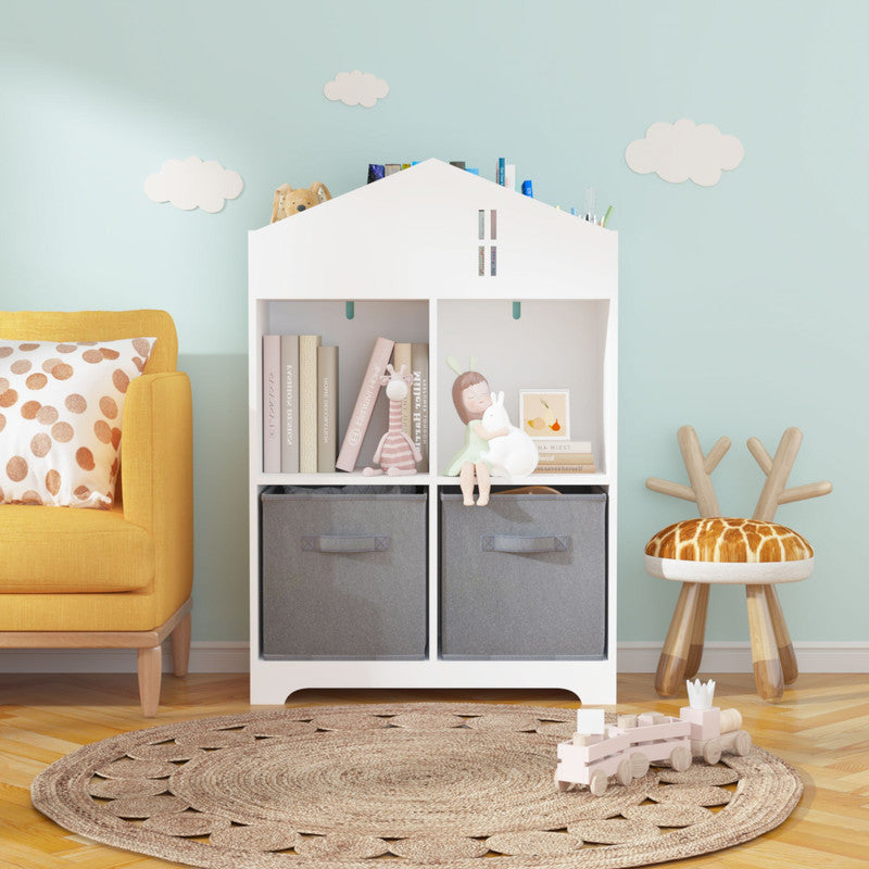 Kids Dollhouse Bookcase with Storage, 2-Tier Storage Display Organizer with 2 Collapsible Fabric Drawers