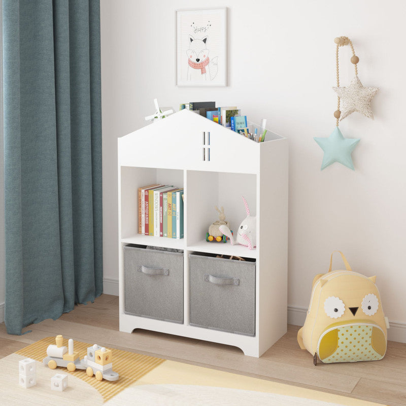 Kids Dollhouse Bookcase with Storage, 2-Tier Storage Display Organizer with 2 Collapsible Fabric Drawers