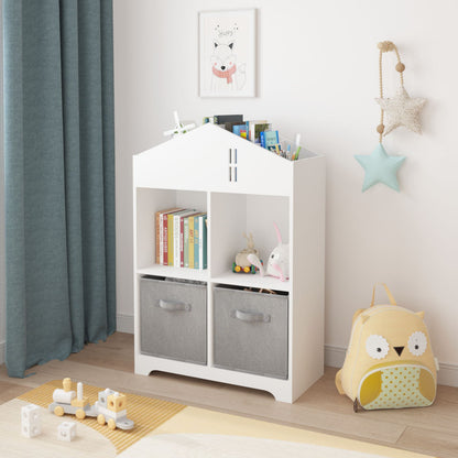 Kids Dollhouse Bookcase with Storage, 2-Tier Storage Display Organizer with 2 Collapsible Fabric Drawers