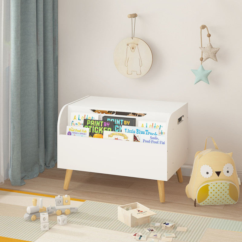 Wooden Toy Box Kids Toy Storage Organizer with Front Bookshelf, Flip-Top Lid