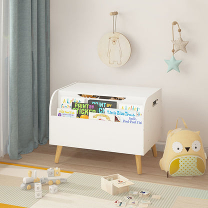 Wooden Toy Box Kids Toy Storage Organizer with Front Bookshelf, Flip-Top Lid