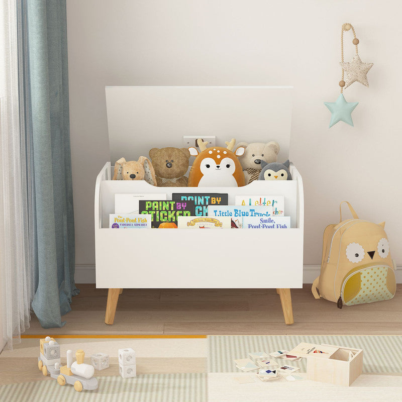 Wooden Toy Box Kids Toy Storage Organizer with Front Bookshelf, Flip-Top Lid
