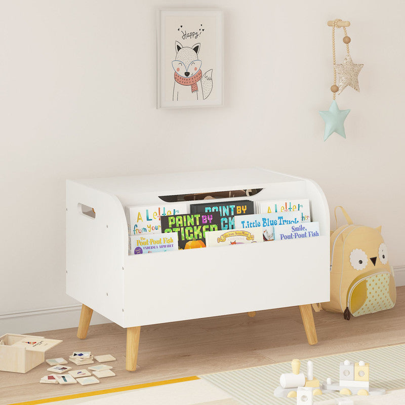 Wooden Toy Box Kids Toy Storage Organizer with Front Bookshelf, Flip-Top Lid