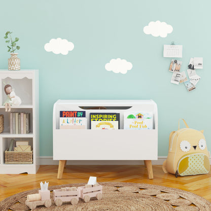 Wooden Toy Box Kids Toy Storage Organizer with Front Bookshelf, Flip-Top Lid