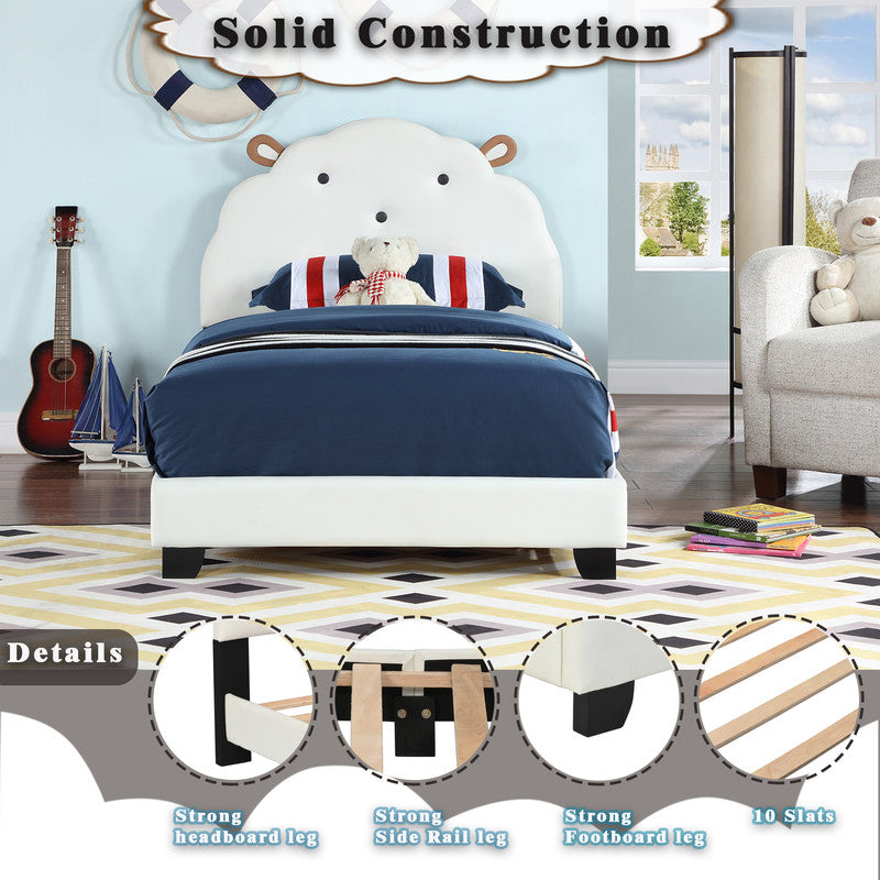 Upholstered Twin Size Platform Bed for Kids, Wooden Bed Frame with Slatted Bed Base