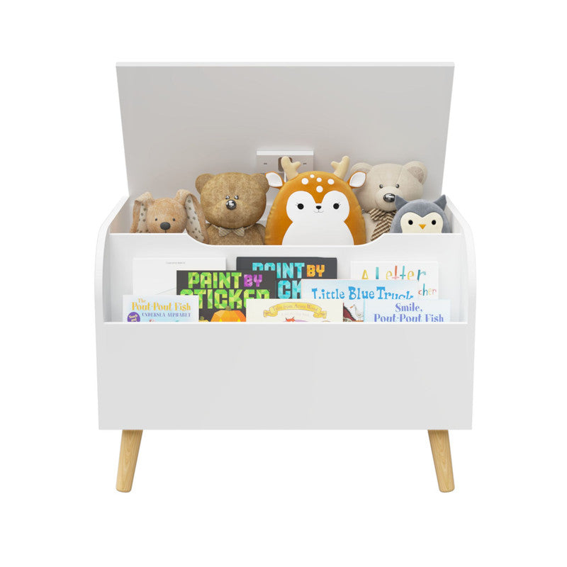 Wooden Toy Box Kids Toy Storage Organizer with Front Bookshelf, Flip-Top Lid