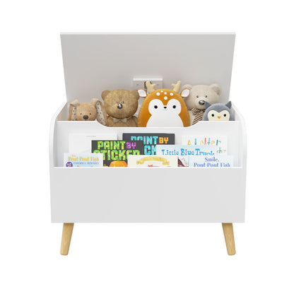 Wooden Toy Box Kids Toy Storage Organizer with Front Bookshelf, Flip-Top Lid