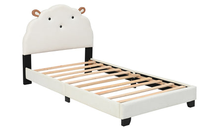 Upholstered Twin Size Platform Bed for Kids, Wooden Bed Frame with Slatted Bed Base