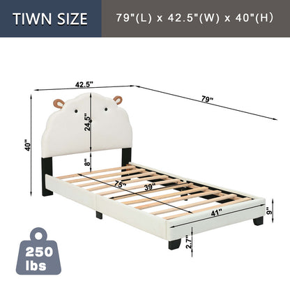 Upholstered Twin Size Platform Bed for Kids, Wooden Bed Frame with Slatted Bed Base