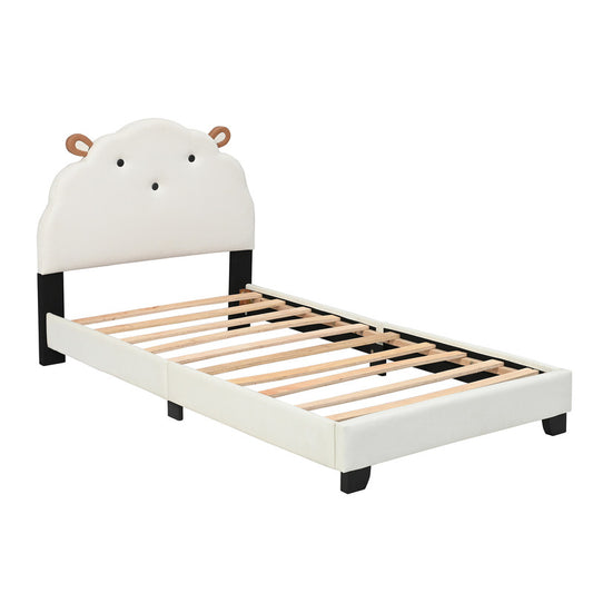 Upholstered Twin Size Platform Bed for Kids, Wooden Bed Frame with Slatted Bed Base