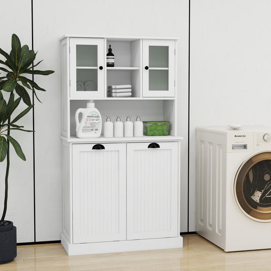 Two-Compartment Tilt-Out Dirty Laundry Basket Tall Bathroom Cabinet with 2 Adjustable Shelves