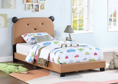 Upholstered Twin Size Platform Bed for Kids, Cute Bed Frame with Bear Design Headboard