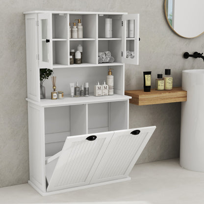 Two-Compartment Tilt-Out Dirty Laundry Basket Tall Bathroom Cabinet with 2 Adjustable Shelves