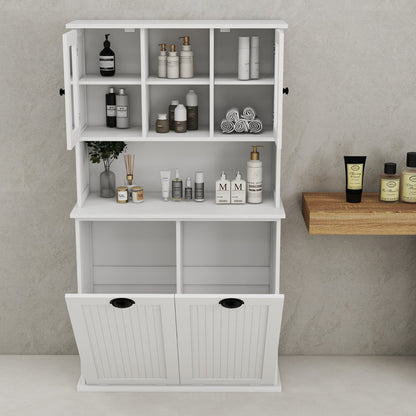 Two-Compartment Tilt-Out Dirty Laundry Basket Tall Bathroom Cabinet with 2 Adjustable Shelves