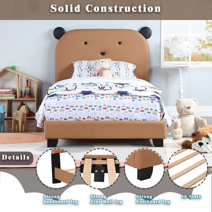 Upholstered Twin Size Platform Bed for Kids, Cute Bed Frame with Bear Design Headboard