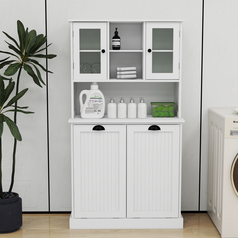 Two-Compartment Tilt-Out Dirty Laundry Basket Tall Bathroom Cabinet with 2 Adjustable Shelves
