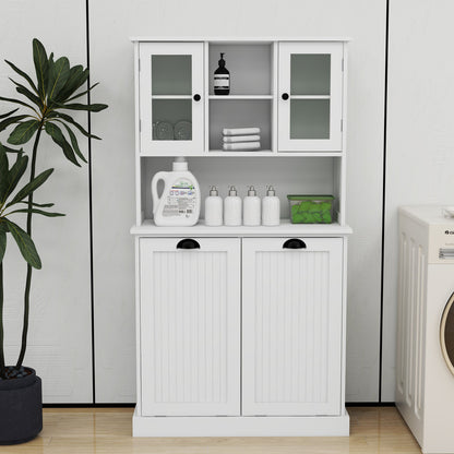 Two-Compartment Tilt-Out Dirty Laundry Basket Tall Bathroom Cabinet with 2 Adjustable Shelves