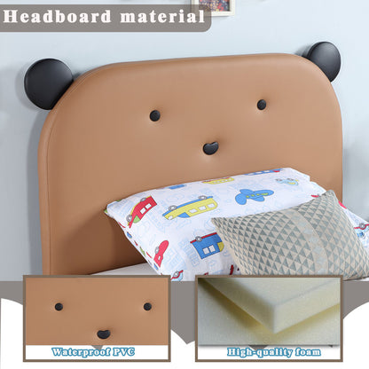 Upholstered Twin Size Platform Bed for Kids, Cute Bed Frame with Bear Design Headboard