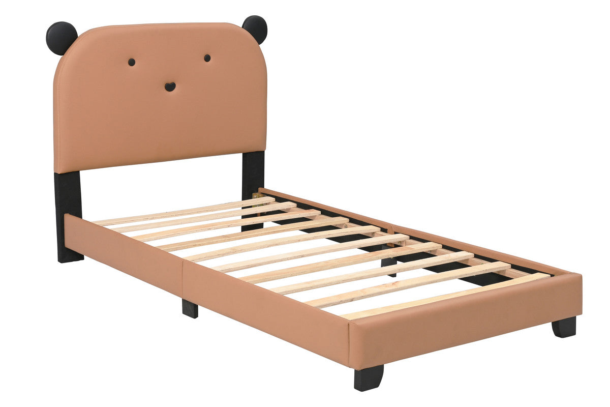 Upholstered Twin Size Platform Bed for Kids, Cute Bed Frame with Bear Design Headboard