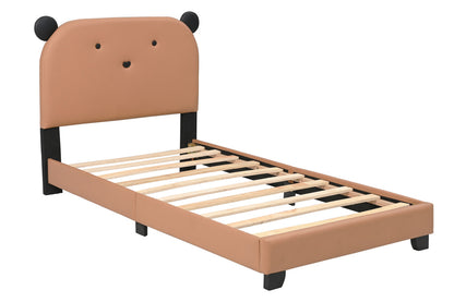 Upholstered Twin Size Platform Bed for Kids, Cute Bed Frame with Bear Design Headboard