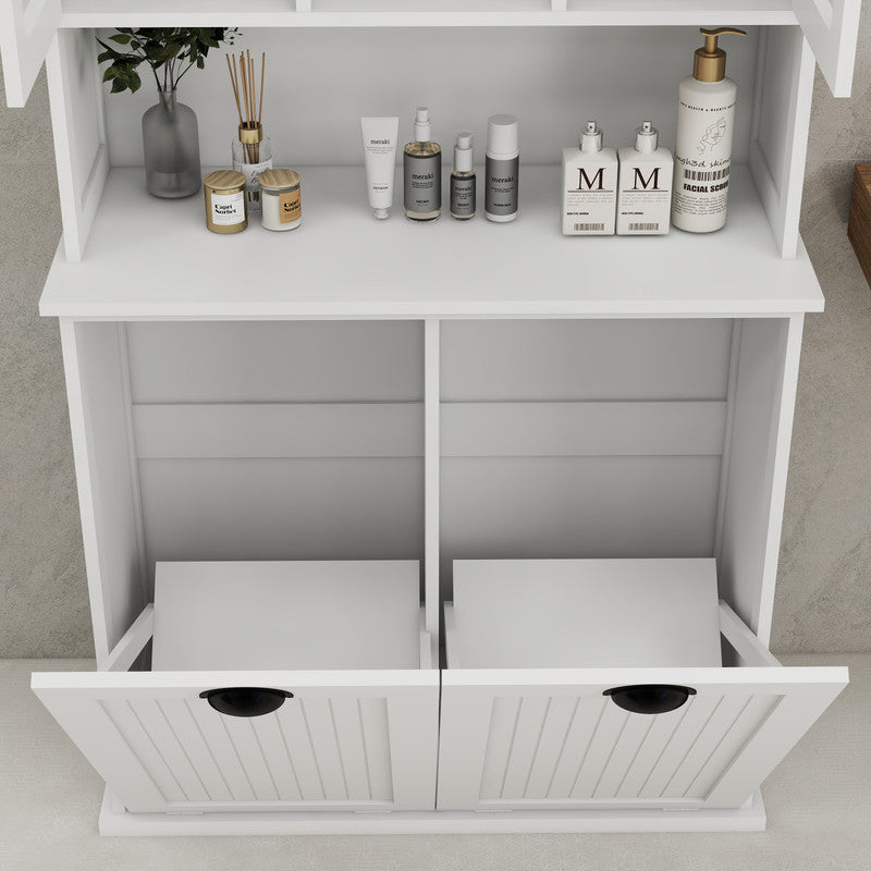 Two-Compartment Tilt-Out Dirty Laundry Basket Tall Bathroom Cabinet with 2 Adjustable Shelves