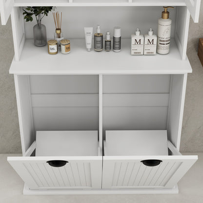 Two-Compartment Tilt-Out Dirty Laundry Basket Tall Bathroom Cabinet with 2 Adjustable Shelves