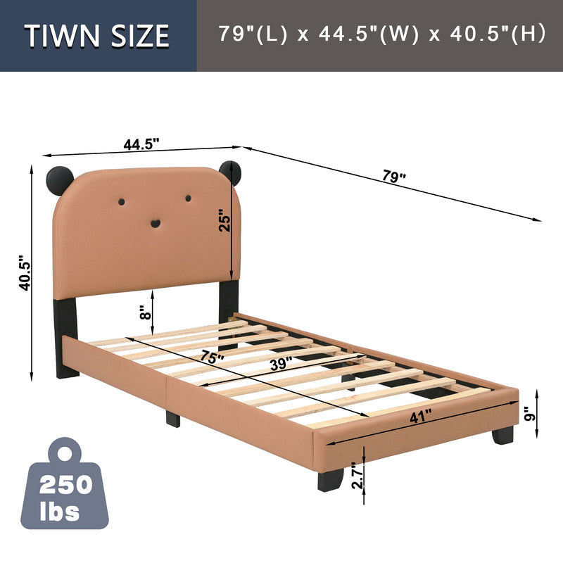 Upholstered Twin Size Platform Bed for Kids, Cute Bed Frame with Bear Design Headboard