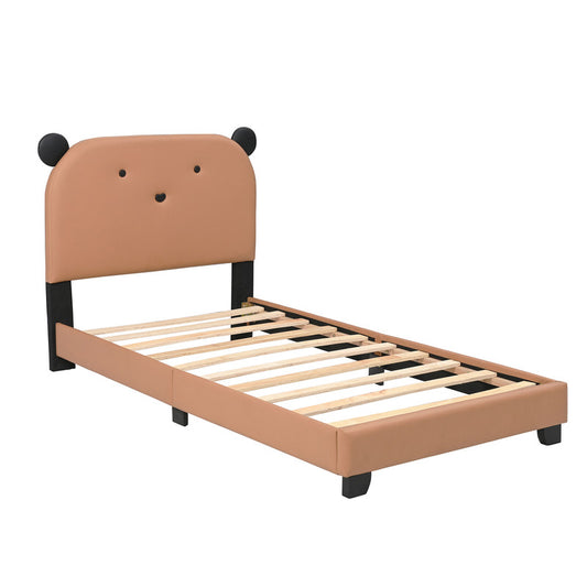 Upholstered Twin Size Platform Bed for Kids, Cute Bed Frame with Bear Design Headboard