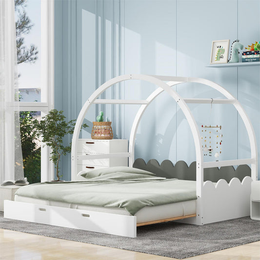 Twin Size Stretchable Vaulted Roof Bed Kids Bed Pine Wood Frame