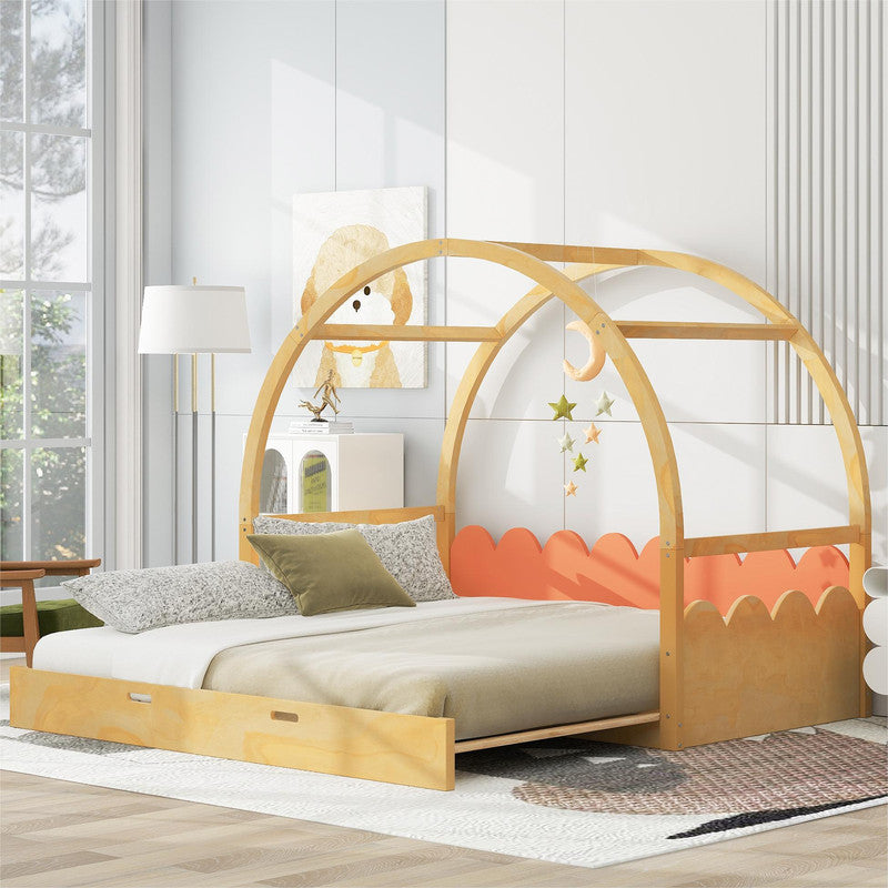 Twin Size Stretchable Vaulted Roof Bed Kids Bed Pine Wood Frame