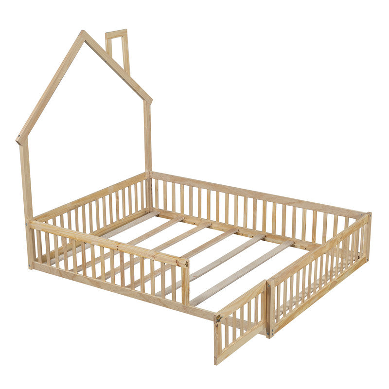 Wood Full Size Platform Bed with Guardrail