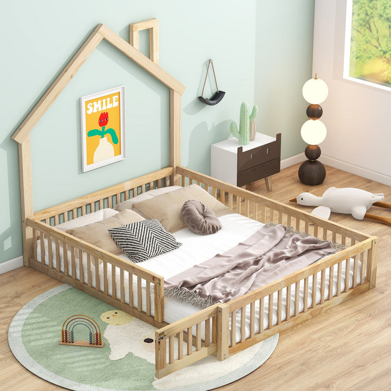 Wood Full Size Platform Bed with Guardrail