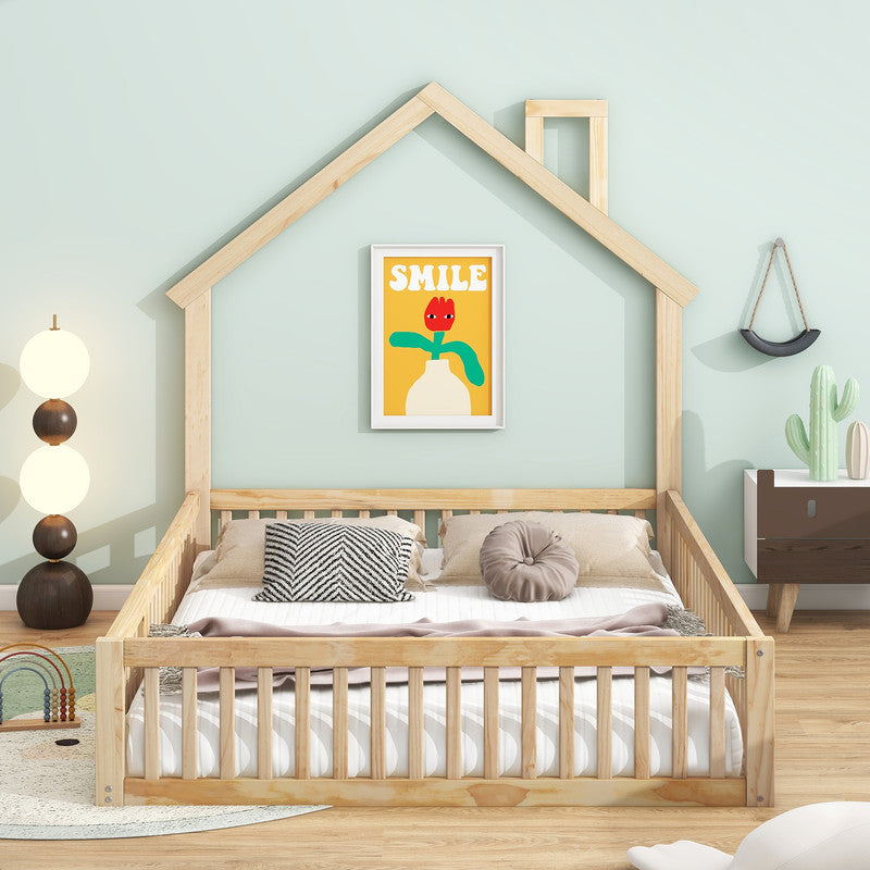 Wood Full Size Platform Bed with Guardrail