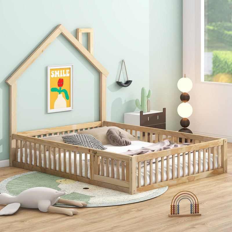 Wood Full Size Platform Bed with Guardrail