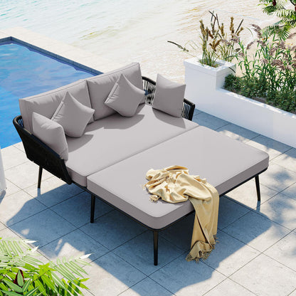 Outdoor Patio Daybed, Woven Nylon Rope Backrest with Washable Cushion