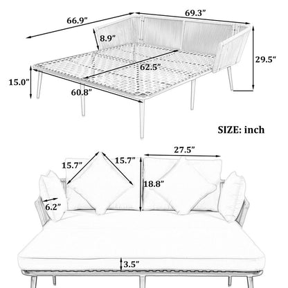 Outdoor Patio Daybed, Woven Nylon Rope Backrest with Washable Cushion