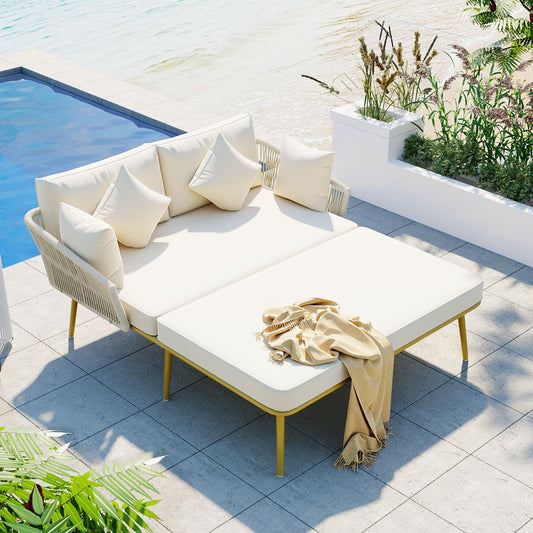 Outdoor Patio Daybed, Woven Nylon Rope Backrest with Washable Cushion