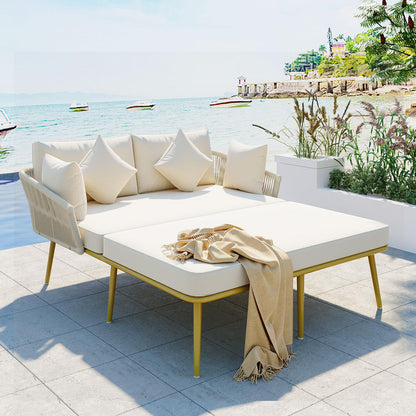 Outdoor Patio Daybed, Woven Nylon Rope Backrest with Washable Cushion
