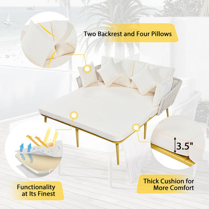Outdoor Patio Daybed, Woven Nylon Rope Backrest with Washable Cushion