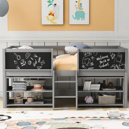 Twin Size Low Loft Bed with Two Movable Shelves and Ladder
