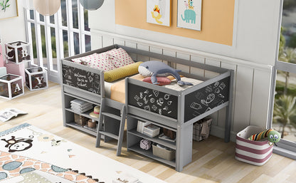 Twin Size Low Loft Bed with Two Movable Shelves and Ladder