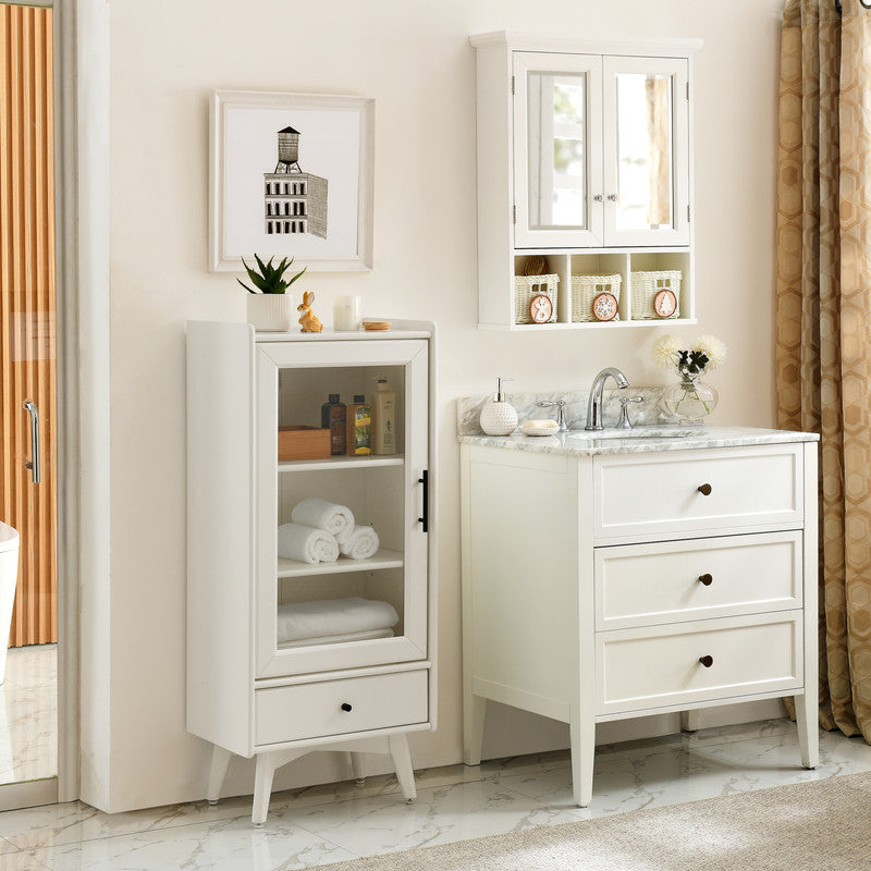 Modern Bathroom Storage Cabinet with Glass Door, Double Adjustable Shelves and One Drawer