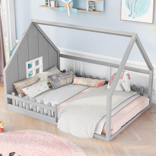Full Size Wood Bed with Window and Fence