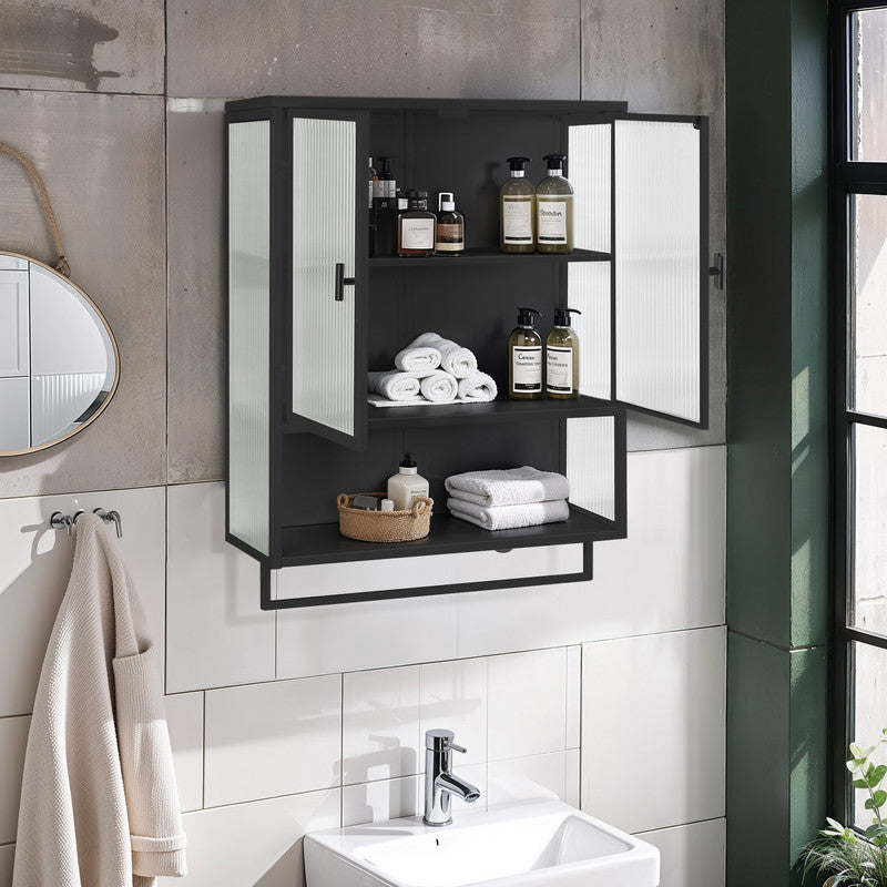 Modern Two-door Wall Cabinet with Two-tier Enclosed Storage, an Open Shelf and Towel Rack