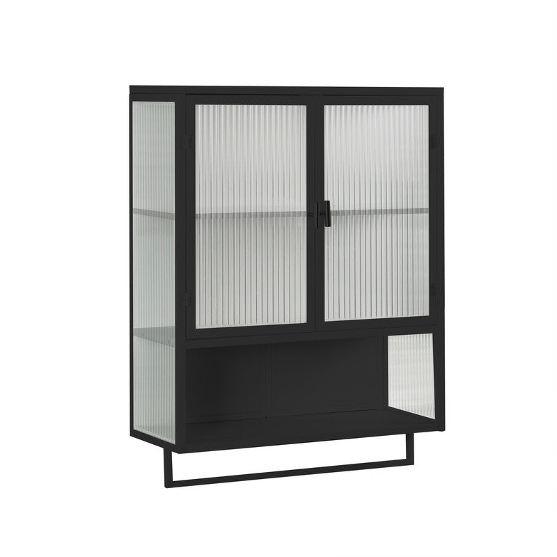Modern Two-door Wall Cabinet with Two-tier Enclosed Storage, an Open Shelf and Towel Rack