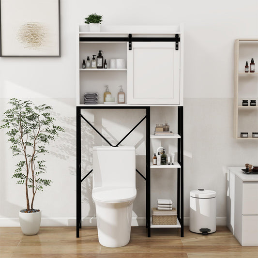 Toilet Storage Cabinet, Bathroom Shelves Over Toilet with Sliding Barn Door, Adjustable Shelves and Side Storage Rack