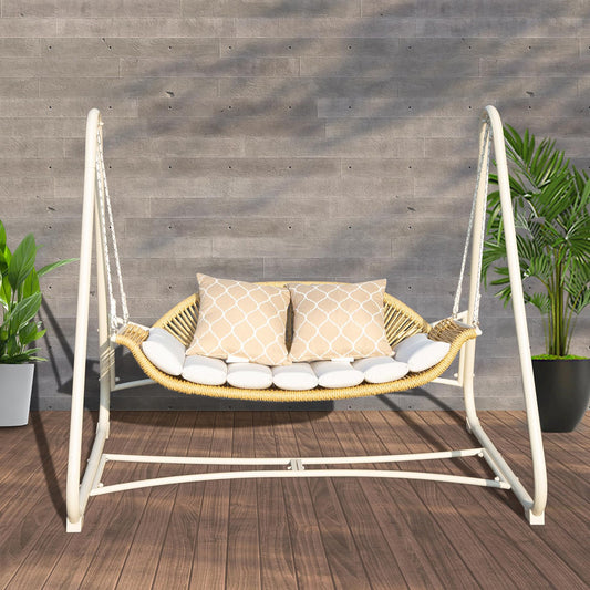 Outdoor Rattan Patio Porch Swing, 2-Seat Hanging Swing Chair with Thickened Cushions and Pillow