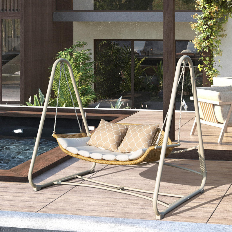 Outdoor Rattan Patio Porch Swing, 2-Seat Hanging Swing Chair with Thickened Cushions and Pillow